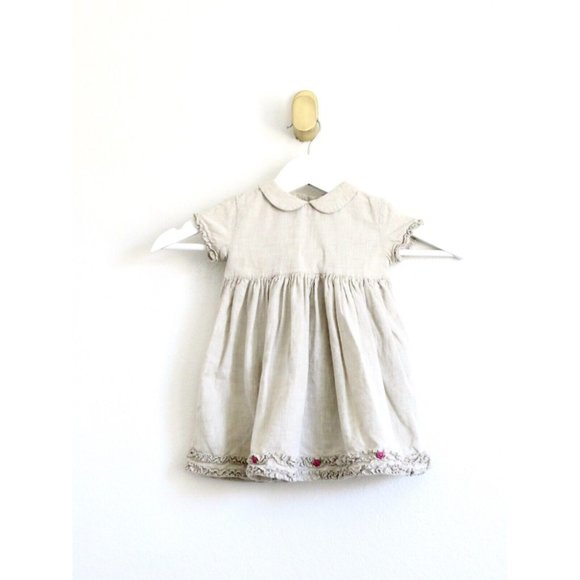 Jacadi Baby Linen Blend Dress Peter Pan Collar Tan SZ 6 Months